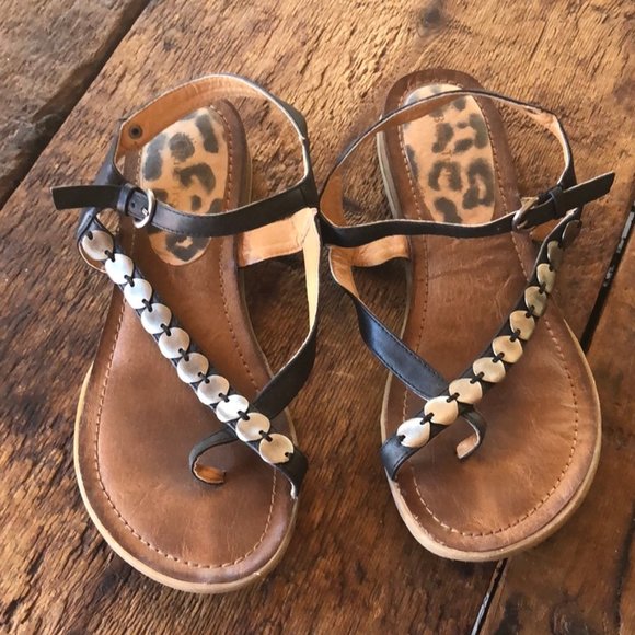 BareTraps Shoes - BareTraps black leather and silver disc sandals